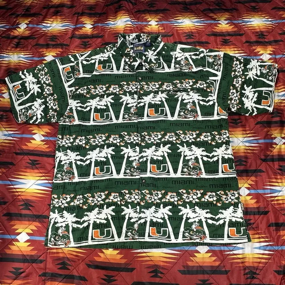 University Of Miami Hurricanes Green Button Up Hawaiian Shirt Men’s Size 2XL